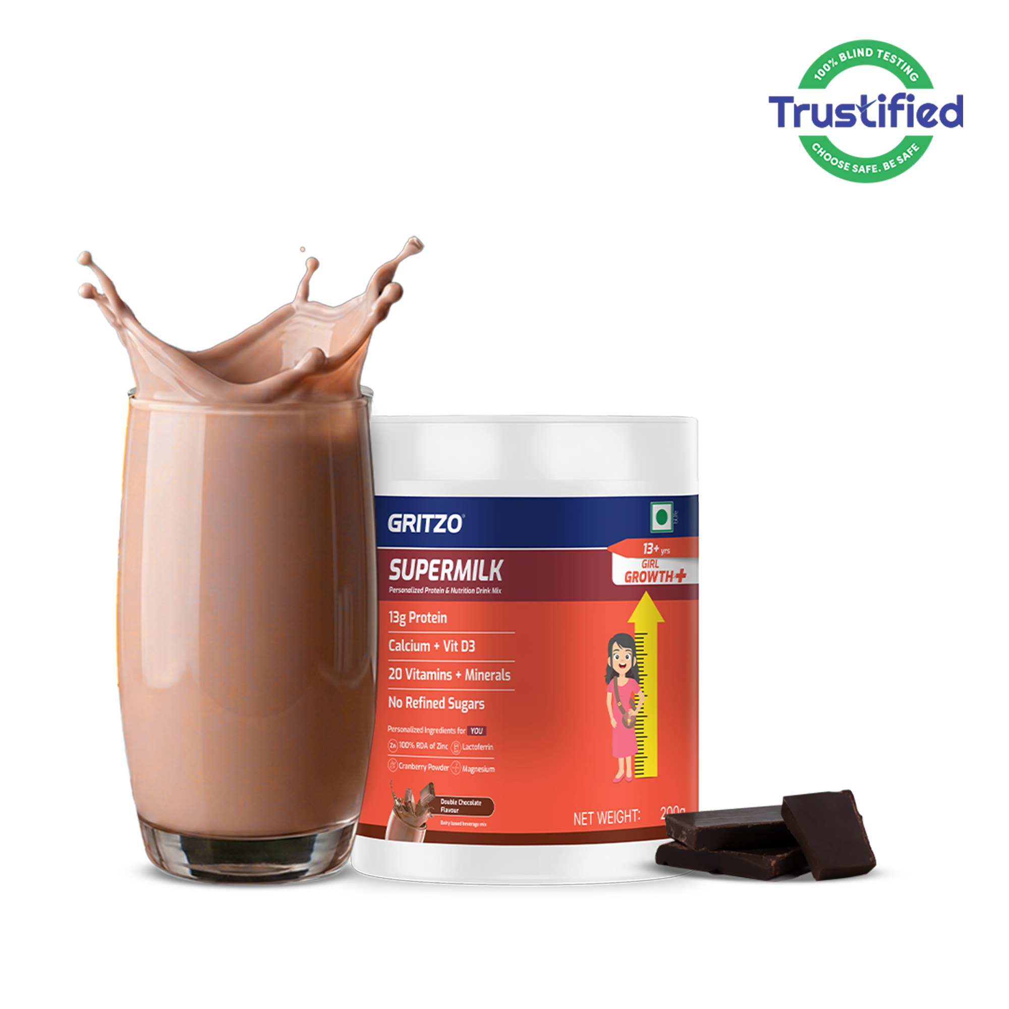 1 - Supermilk Growth+ for Girl 13+ years, 200 g Double Chocolate 13+ Yrs Girl Growth+ With Unrefined Sugar