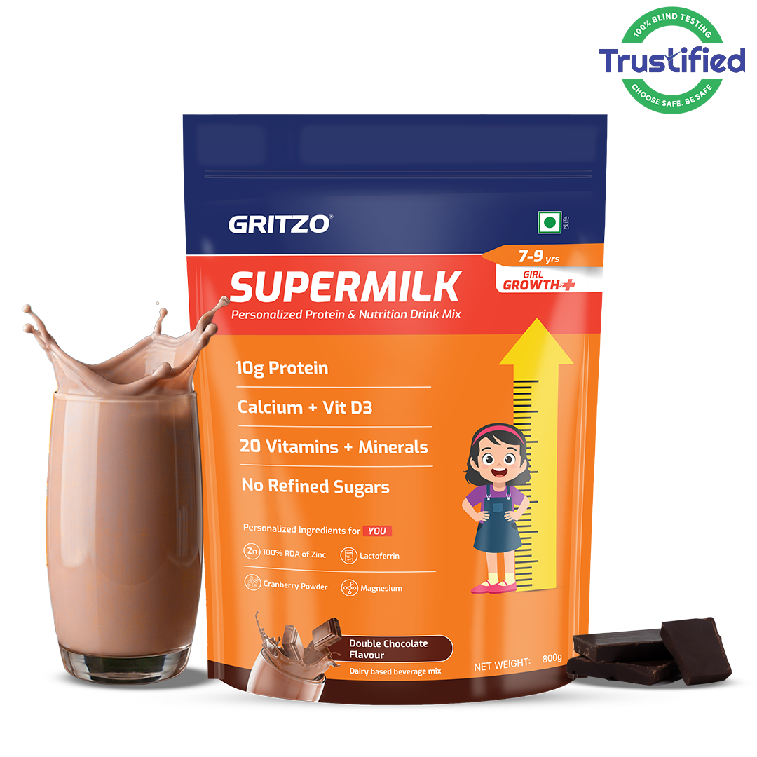 1 - Supermilk Growth+ for Girl 7 to 9 years, 800 g Double Chocolate 7-9 Yrs Girl Growth+ With Unrefined Sugar