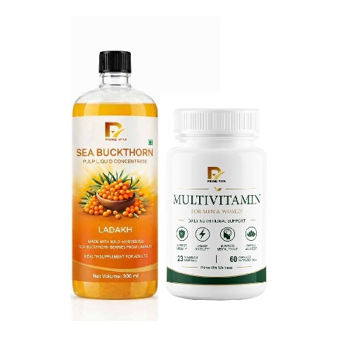 PRIME VITA Multivitamin 60 Capsules & Sea Buckthorn Juice 300ml Unflavoured Combo