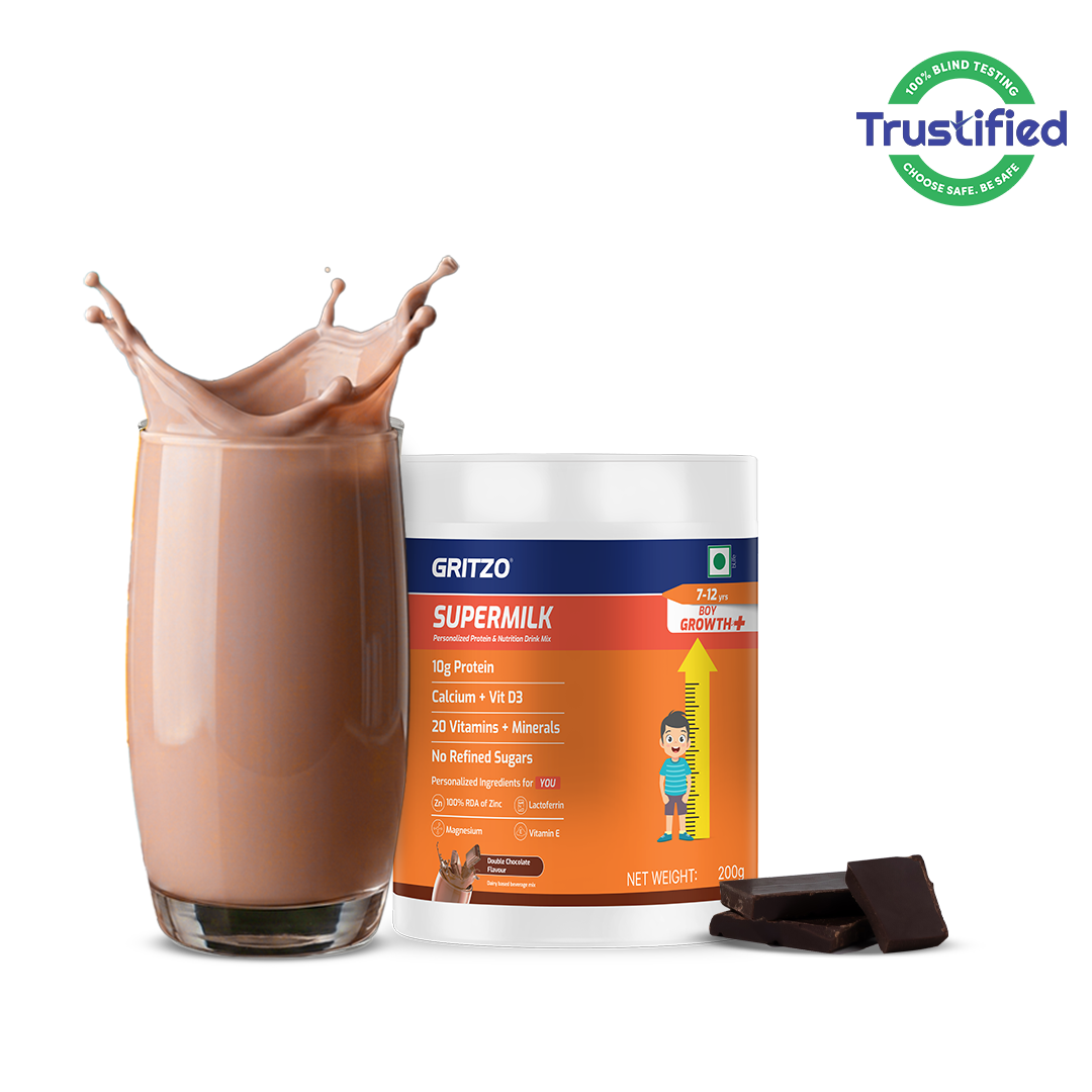 1 - Supermilk Growth+ for Boy 7 to 12 years, 200 g Double Chocolate 7-12 Yrs Boy Growth+ With Unrefined Sugar