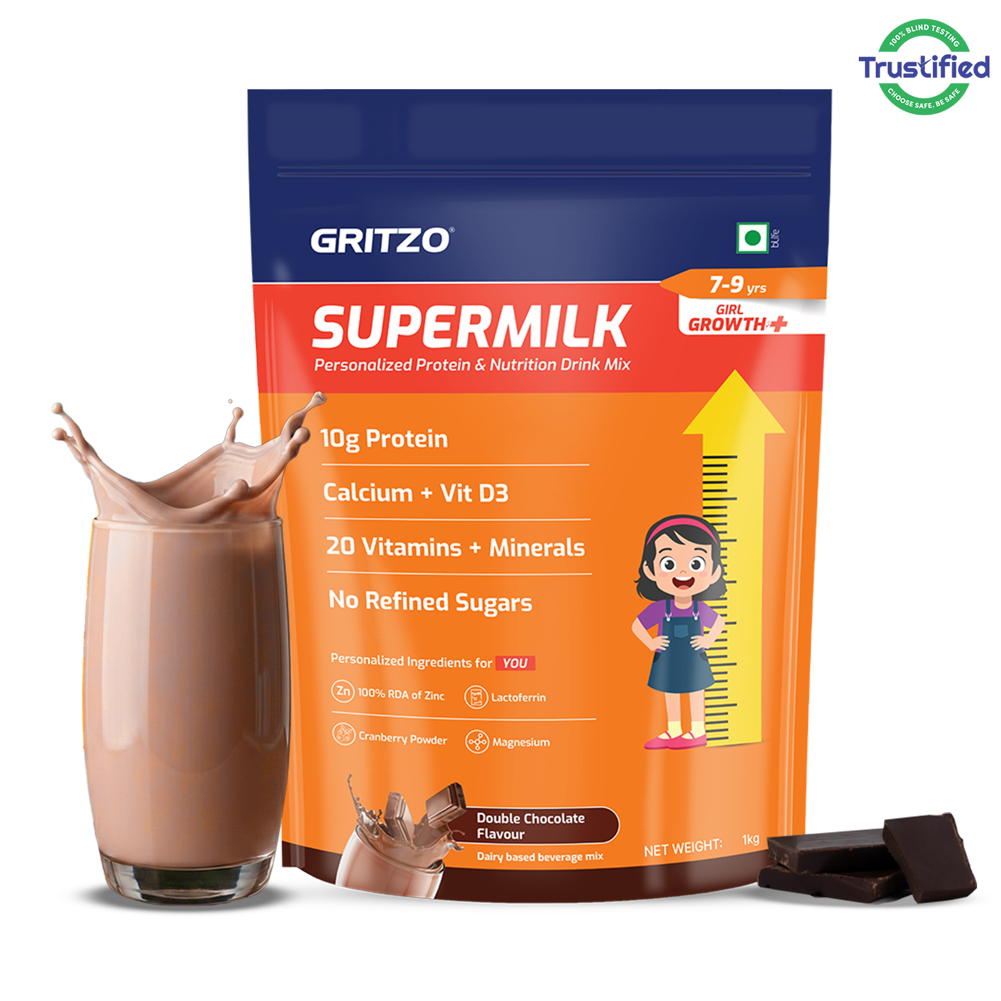 1 - Supermilk Growth+ for Girl 7 to 9 years, 1 kg Double Chocolate 7-9 Yrs Girl Growth+ With Unrefined Sugar
