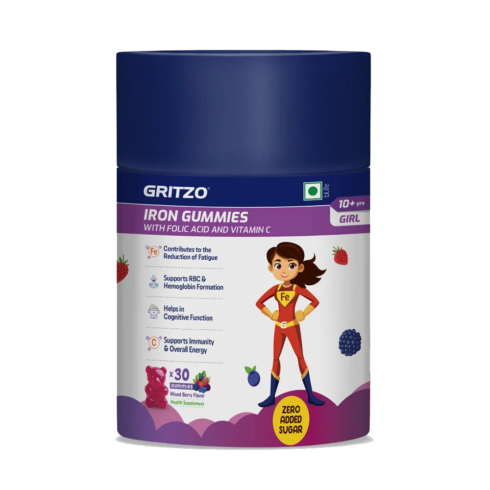 Gritzo Iron Gummies with Folic Acid and Vitamin C 10+ Yr Girl, 30 gummies Mixed Berry 10+ Yrs Iron