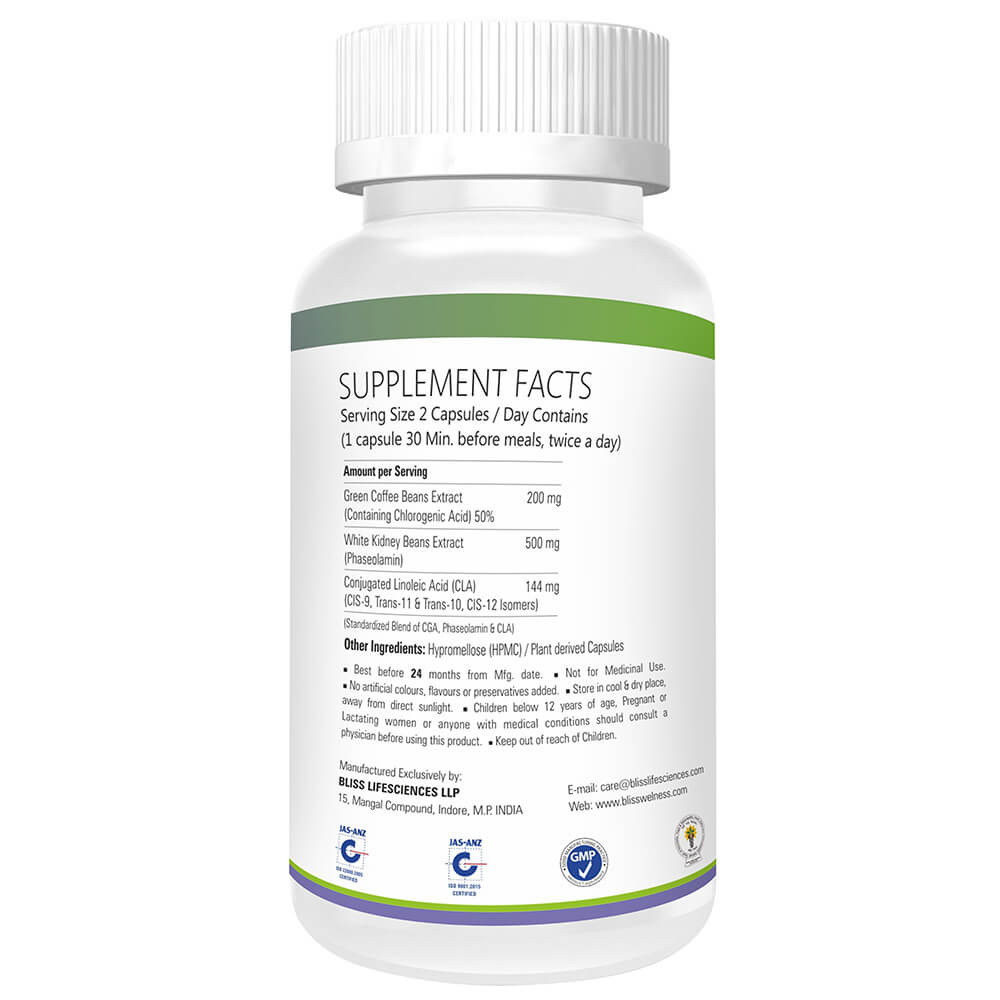 supplementfact - Bliss Welness Green Coffee Bean Extract  White Kidney Bean Extract and CLA,  60 capsules 