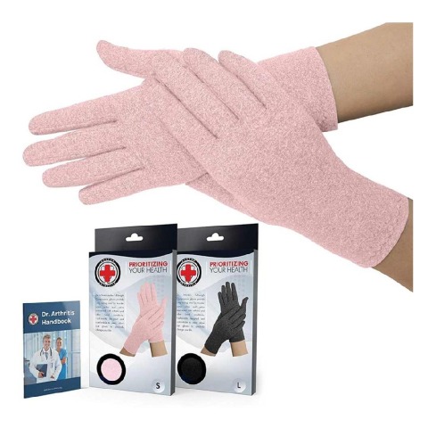 1 - Dr. Arthritis Developed Full Fingered Compression Gloves,  Pink with Hand Book (Pair)  Large 