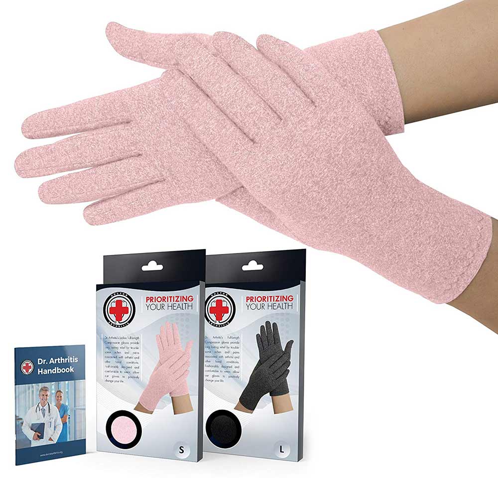 1 - Dr. Arthritis Developed Full Fingered Compression Gloves,  Pink with Hand Book (Pair)  Large 