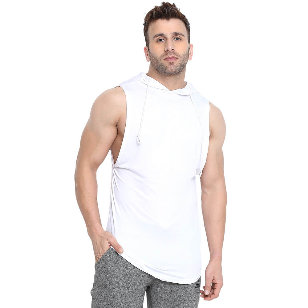 1 - Aesthetic Bodies Men's Drop Arm Sleeveless Hoodie,  White  XS 