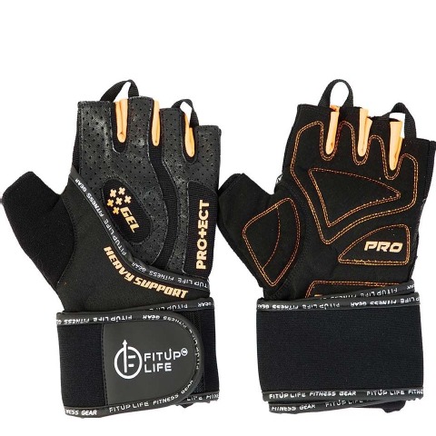 1 - Fitup Life Gym Leather Gloves with 3mm Gel Padding,  Black with Orange  Medium 