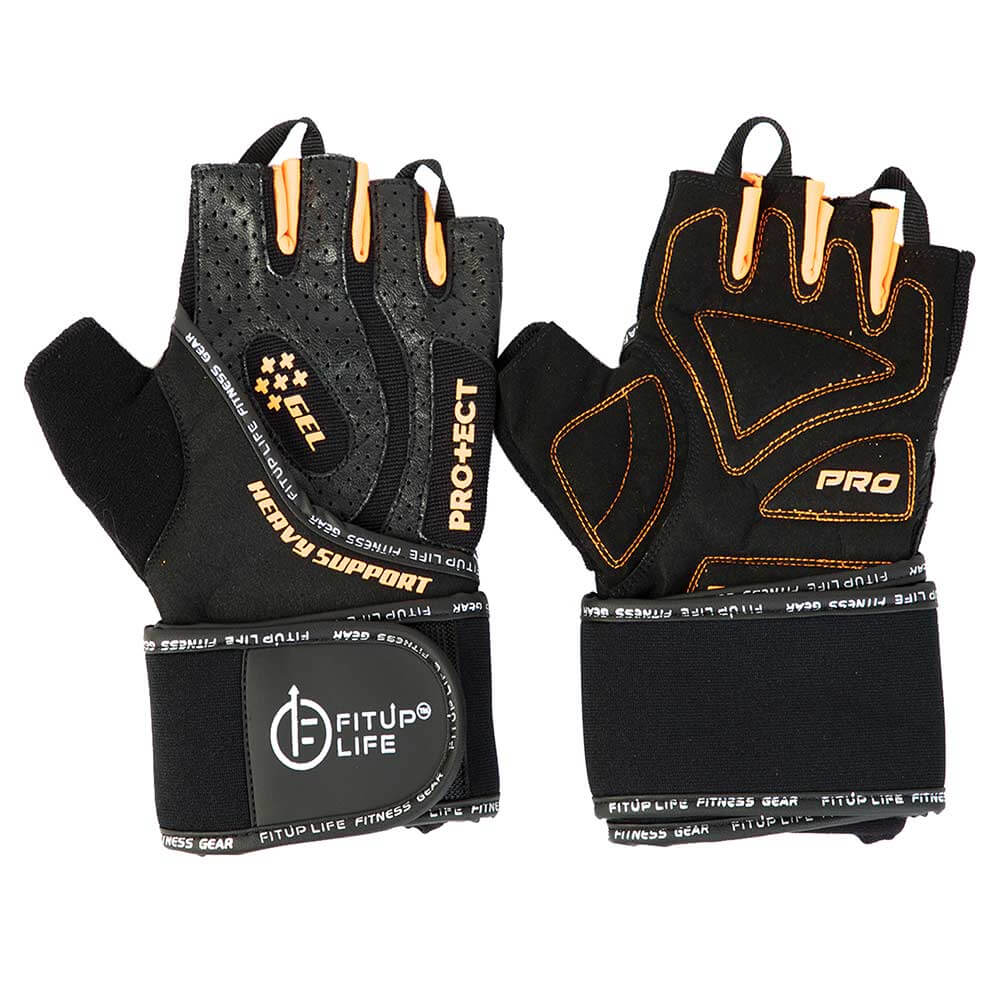 1 - Fitup Life Gym Leather Gloves with 3mm Gel Padding,  Black with Orange  Medium 