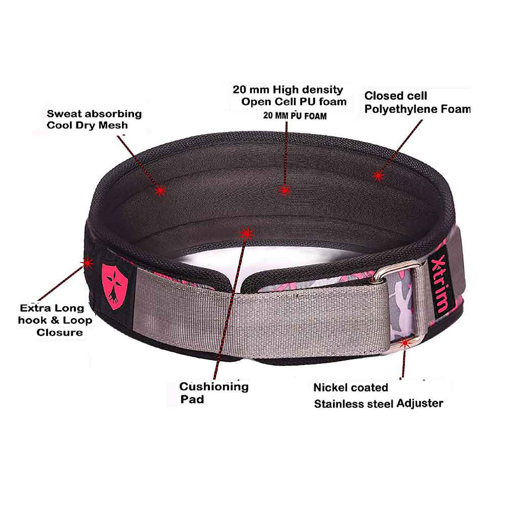 1 - Xtrim 4 Inches Dura Belt Women Gym Fitness Weight Lifting Belt Foam Padded Leather Contoured Weightlifting Belt with Steel Roller Adjuster,  Pink  Large 