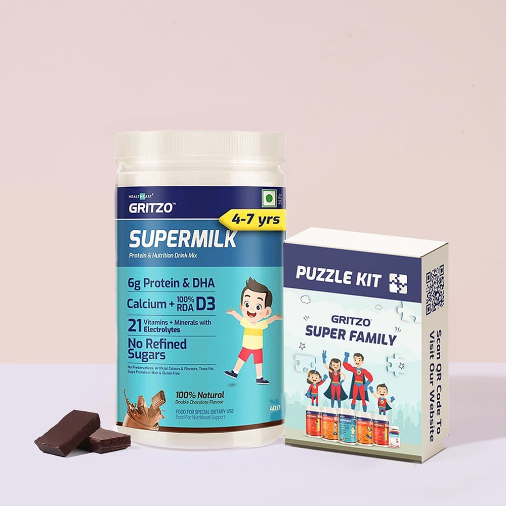 Gritzo Supermilk Overall Growth for 4-7 Yrs Protein & Nutrition Drink Mix,  400 g  Double Chocolate with Toy  4-7 Yrs  Boy/Girl  Overall Growth 