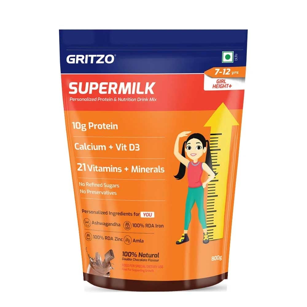 3 - Gritzo Supermilk Height+ for 7-12 Yrs Girls Personalized Protein & Nutrition Drink Mix OP, 800 g Double Chocolate