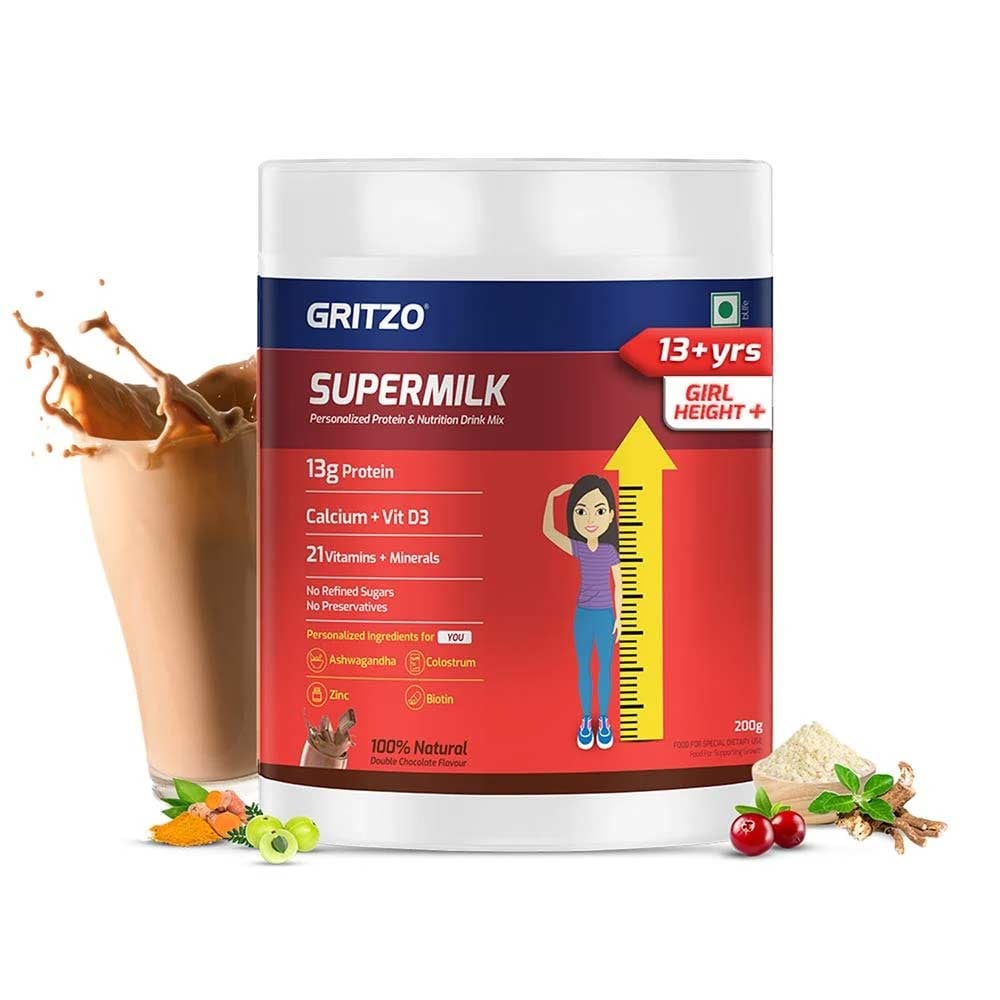 2 - Supermilk Gritzo Height+ for 13+ Yrs Girls Personalized Protein & Nutrition Drink Mix OP,  200 g  Double Chocolate 