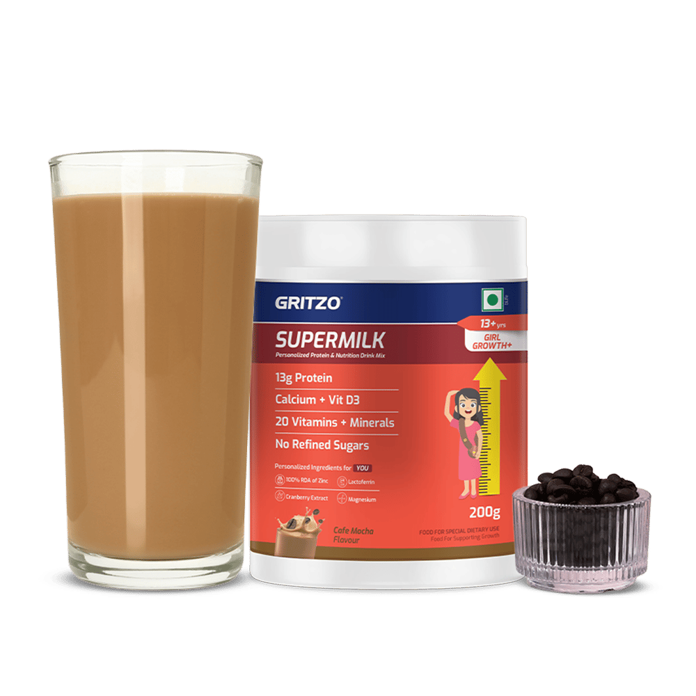 Supermilk Personalized Protein and Nutrition Drink Mix for 13+y girls Height+,  200 g  Cafe Mocha  13+ Yrs  Girl  Height+  No Refined Sugar 