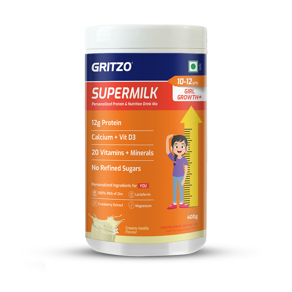 Supermilk Growth+(Formerly Height+) for Girl 10to12 yrs,  400 g  Creamy Vanilla  10-12 Yrs  Girl  Growth+(Formerly Height+)  With Unrefined Sugar 