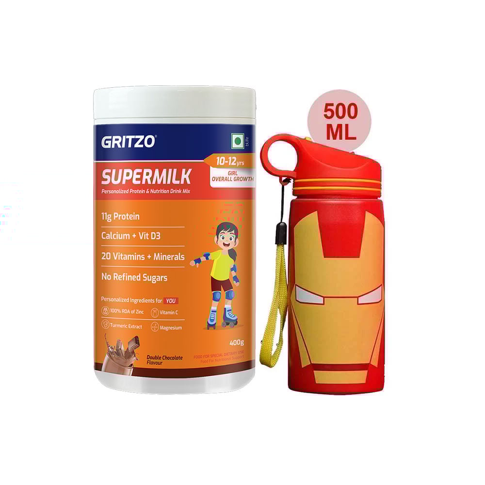 Supermilk Overall Growth for Girl 10 to 12 Yrs 400g and 500ml Iron Man Sipper Combo