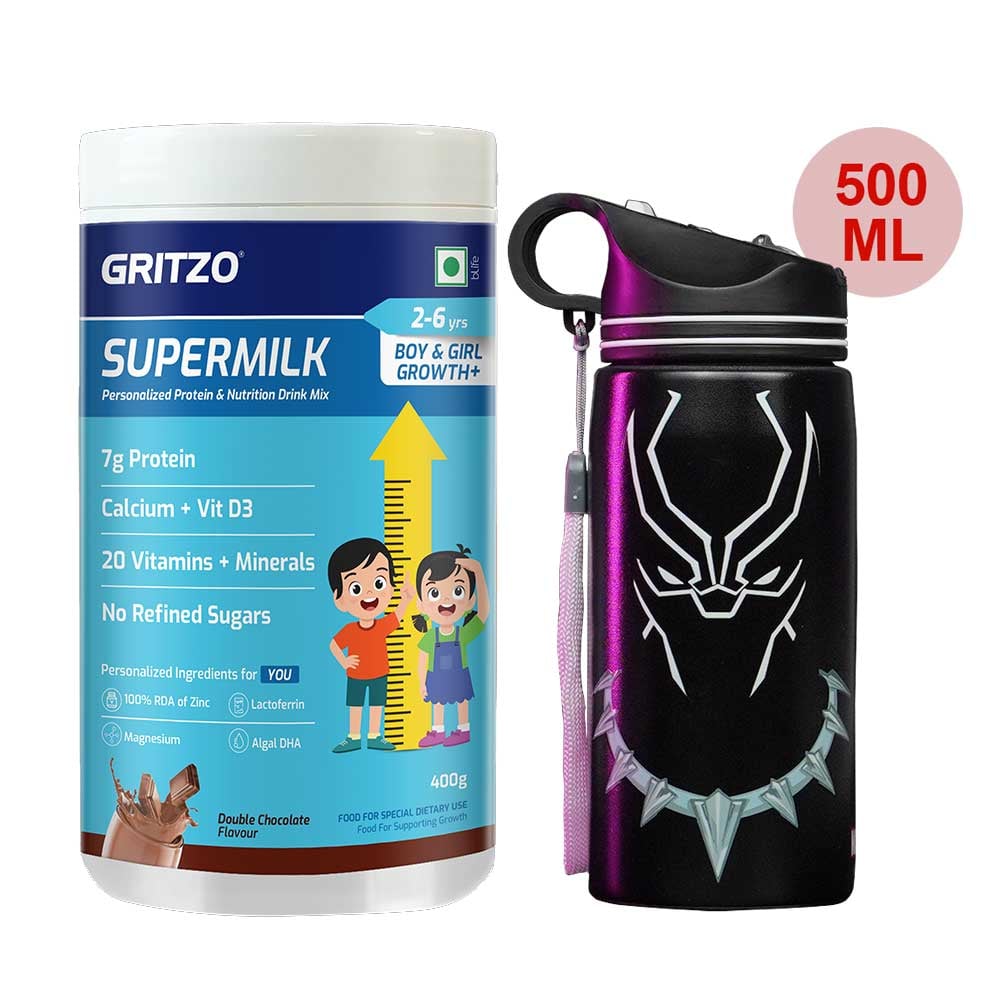 Supermilk Growth+ for Boy/Girl 2 to 6 Yrs 400g and 500ml Black Panther Sipper Combo