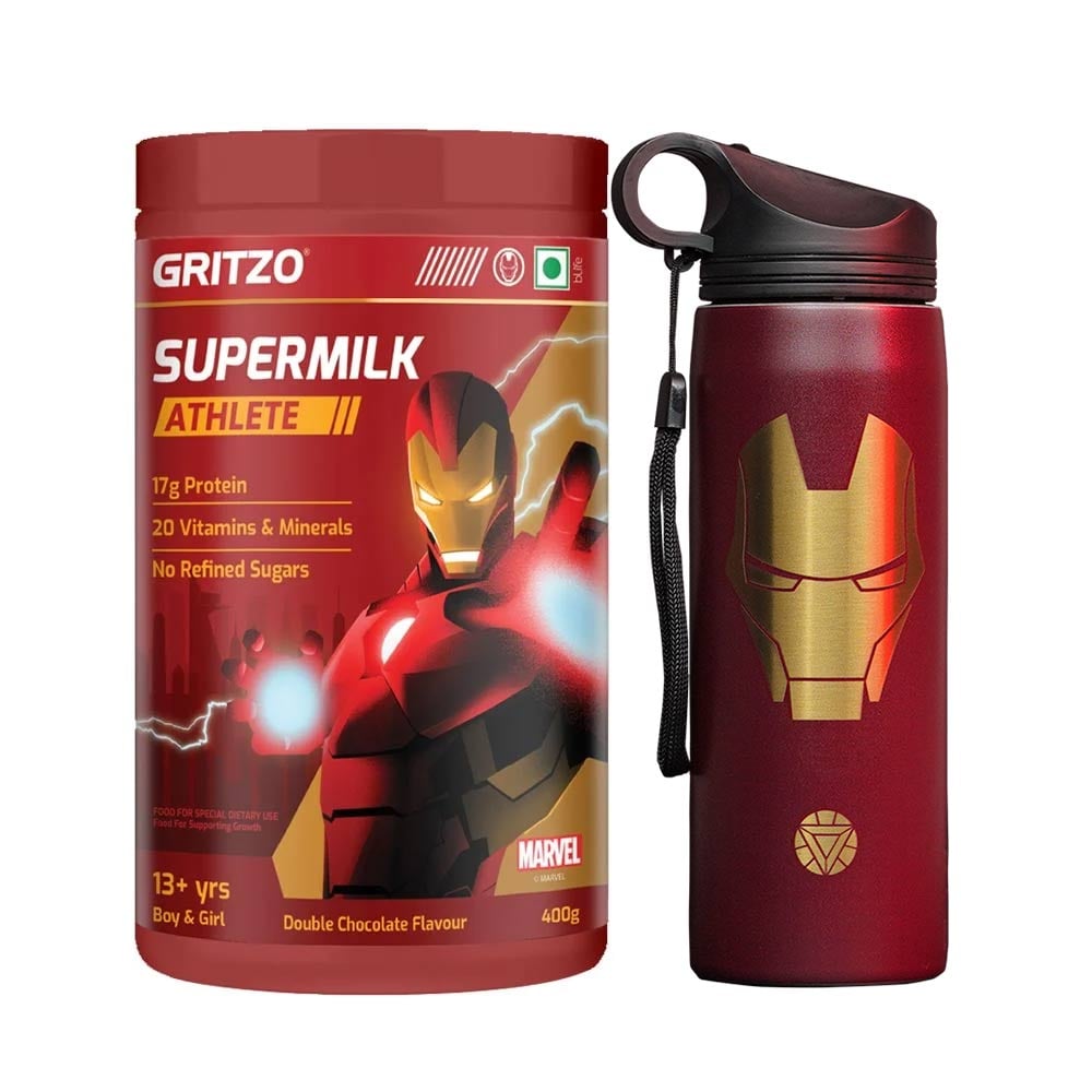 Supermilk Athlete 13+ Yrs Boy/Girl 400 g Double Chocolate and 700ml Iron Man Sipper Combo