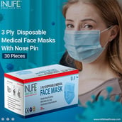 4 - INLIFE 3 Ply Non Woven Disposable Face Mask with Ear Loop,  Blue 30 Masks (Pack of 2) 