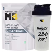 MuscleBlaze Raw Whey Protein 80% 2.2 lb Unflavoured & Shaker Combo