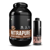 1 - QNT Nitrapure Whey Protein & Pump Extra Concentrated Liquid Pre- Workout 450 ml Peach Combo,  4.4 lb  Choco Badam 