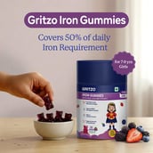Gritzo Iron Gummies with Folic Acid and Vitamin C for 7-9 Years Girls, 30 gummies Mixed Berry