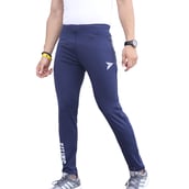 3 - Fitinc Men's Lycra Slim Fit Track Pants with 2 Side Zipper Pockets and Logo,  Navy Blue  Medium 