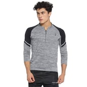 Campus Sutra Striped Men Mandarin Collar T Shirt, Grey Small