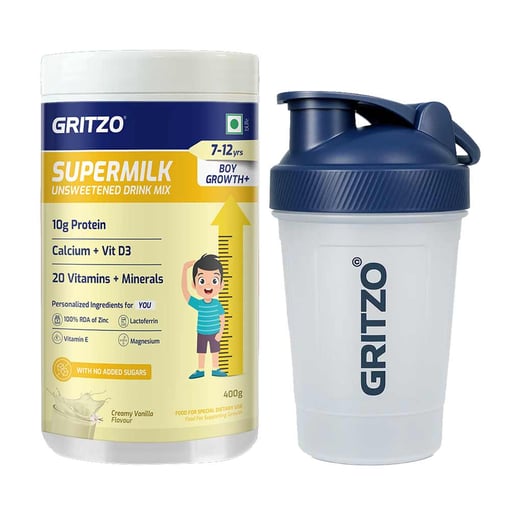 Supermilk Growth+ Unsweetened for Boy 7 to 12 Yrs 400g Creamy Vanilla and Shaker Combo