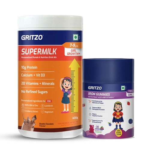 Supermilk Growth+ 400g Double Chocolate for 7 to 9 Yrs Girl & Iron Gummies Combo