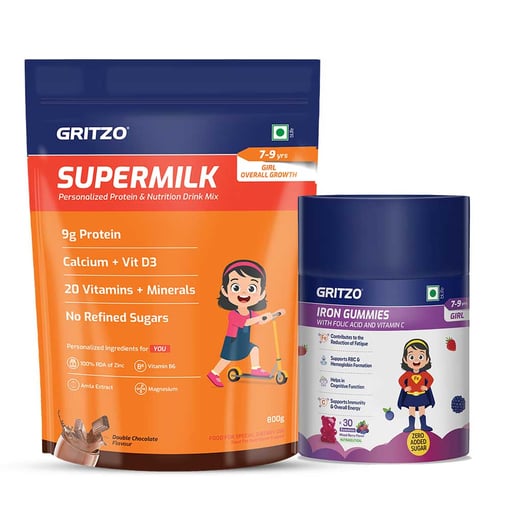 Supermilk Overall Growth 800g Double Chocolate for 7 to 9 Yrs Girl & Iron Gummies Combo