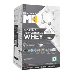 3 - MuscleBlaze Biozyme Performance Whey Protein Powder (Old MRP), 0.4 lb Rich Chocolate Travel Pack (5x36g) sachets