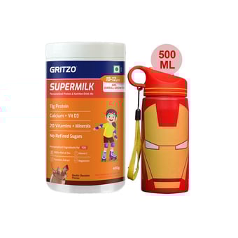 Supermilk Overall Growth for Girl 10 to 12 Yrs 400g and 500ml Iron Man Sipper Combo