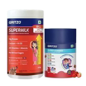 Gritzo SuperMilk Growth+ for 13+ Yrs Girls 400 g Double Chocolate & Gummies Multivitamin Combo