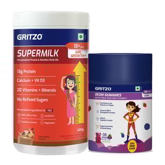 Supermilk Growth+ 400g Cafe Mocha for 13+ Yrs Girl & Iron Gummies Combo