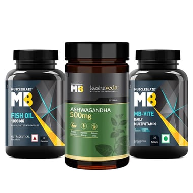 MuscleBlaze MB-VITE Daily Multivitamin + Fish Oil (1000 mg) & Koshaveda Ashwagandha 500mg 30 Tablet(s) Combo