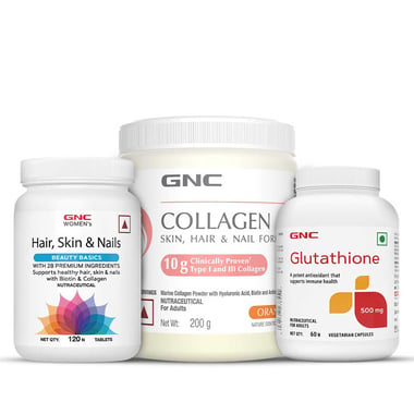 GNC Women's Hair Skin & Nails 120 Tabs & Collagen 200g with Glutathione 60 Caps Combo, 3 Piece(s)/Pack Unflavoured & Orange