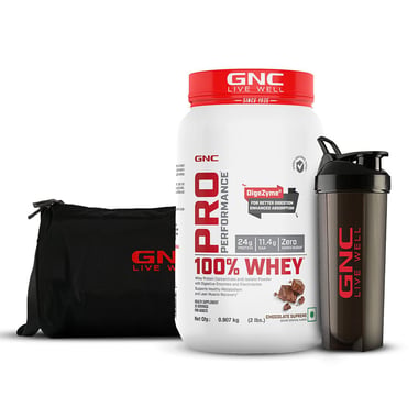 GNC Pro Performance 100% Whey Protein, Gym Bag & Black Plastic Shaker Combo,  2 lb  Chocolate Supreme 