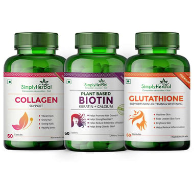 Simply Herbal Collagen 60 Caps with Biotin 60 Tabs & Glutathione 60 Caps Combo, 3 Piece(s)/Pack Unflavoured