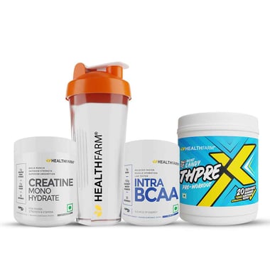 Healthfarm ThPreX 0.55lb with Creatine Monohydrate & Intra BCAA Combo, 0.22 lb Rocket Candy, Unflavoured & Blue Raz (with Free Shaker)