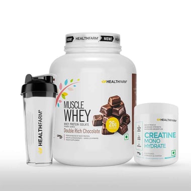 Healthfarm Muscle Whey 4.4lb with Creatine Monohydrate 0.55lb Combo, 3 Piece(s)/Pack Double Rich Chocolate & Unflavoured (with Shaker)