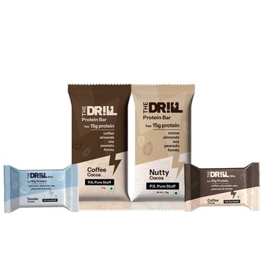 The Drill Assorted Box, 10 bar(s) 2Ă—Nutty Cocoa 15g, 2Ă—Coffee Cocoa 15g, 2Ă—Coffee Cocoa Bite 10g, 4Ă—Tender Cocoa bite 10g