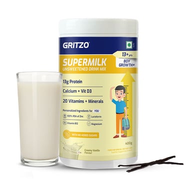 Supermilk Gritzo Growth+ Unsweetened for Boy 13+ Years,  400 g  Creamy Vanilla 