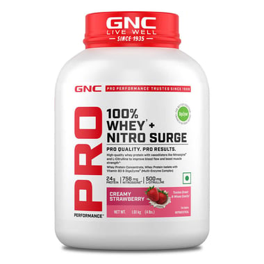 GNC Pro Performance 100% Whey + Nitro Surge,  4 lb  Creamy Strawberry 