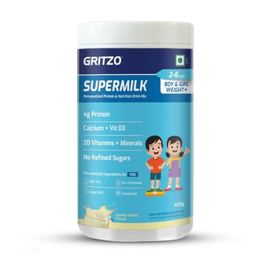 Supermilk Gritzo Weight+ for 2-6 Yrs Boy & Girl Personalized Protein & Nutrition Drink Mix, 400 g Creamy Vanilla