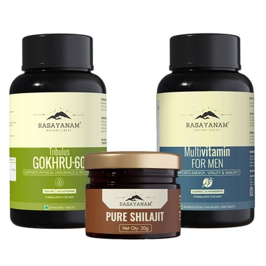 Rasayanam Pure Himalayan Shilajit 20g, Tribulas Gokhru-60 60 Tablets & Multivitamin for Men Combo,  60 tablet(s)  Unflavoured 