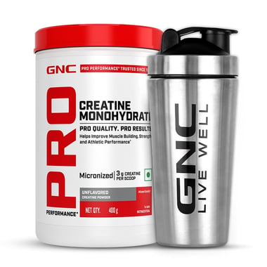 GNC Pro Performance Pure Micronized Creatine Monohydrate, Unflavoured with Steel Shaker 750ml 0.88 lb
