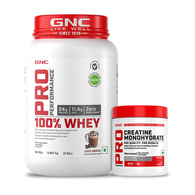 GNC Pro Performance 100% Whey Protein, 2 lb Cafe Mocha with Creatine Monohydrate 0.22 lb Combo