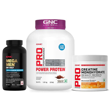 GNC Pro Performance Power Protein 4 lb Double Rich Chocolate & Creatine Monohydrate Orange &nbsp;0.22 lb with Mega Men One Daily Multivitamin 60 Tabs