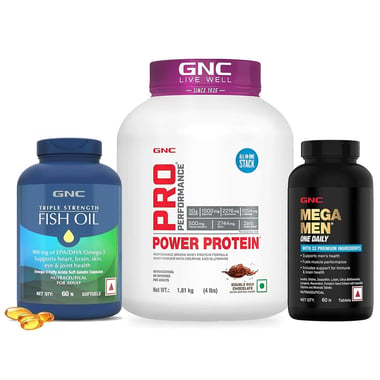 GNC Pro Performance Power Protein 4 lb Double Rich Chocolate & Mega Men One Daily Multivitamin 60 Tabs with Triple Strength Fish Oil 60 Softgels