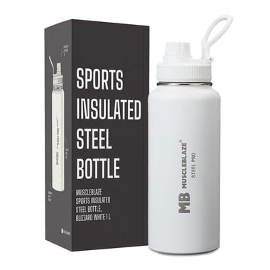 MuscleBlaze Sports Insulated Steel Bottle, Blizzard White 1 L